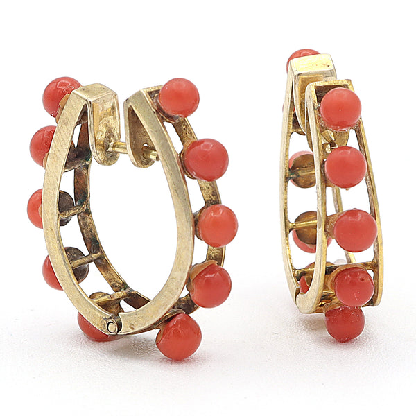 Vintage 10K Yellow Gold Red Coral Beaded Huggie Hoop Earrings