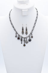 Vintage Patricia Locke Pewter Multi-Color Glass/CZ Chain Necklace & Dangle Earrings Set