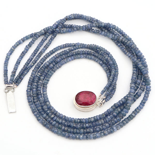 Vintage Sterling Silver Natural Sapphire Ruby Beaded Multi-Strand Necklace, 18"