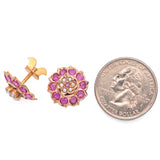 15K Yellow Gold 0.71 TCW Pink Ruby and Pearl Flower Stud Earrings