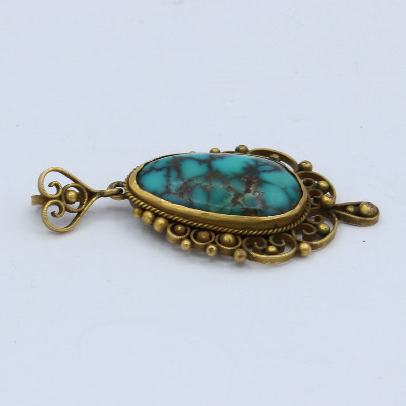 Vintage Matrix Turquoise Pendant with Filigree Work in 14K Gold