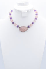 Antique Sterling Silver Carved Rose Quartz & Amethyst Beaded Strand Necklace