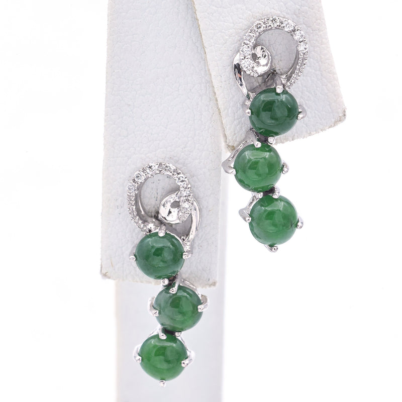 Estate 9K White Gold Green Jade & Diamond Drop Earrings