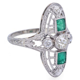 Antique Art Deco 18K White Gold Diamond & Emerald Shield Cocktail Ring Size 3