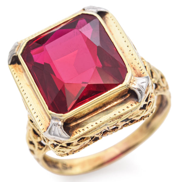 Vintage 14K Two Tone Gold Lab Ruby Filigree Cocktail Ring Size 4.25