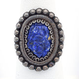 Vintage Chinese Silver Carved Lapis Cocktail Ring Size 6.25