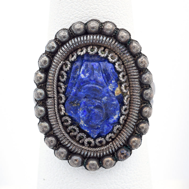 Vintage Chinese Silver Carved Lapis Cocktail Ring Size 6.25