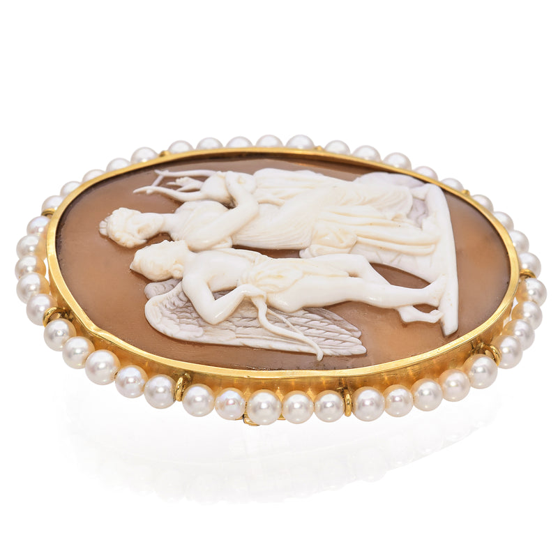 Antique Yellow Gold & Pearl Cameo Venus Playing Lyre Eros Listening Brooch