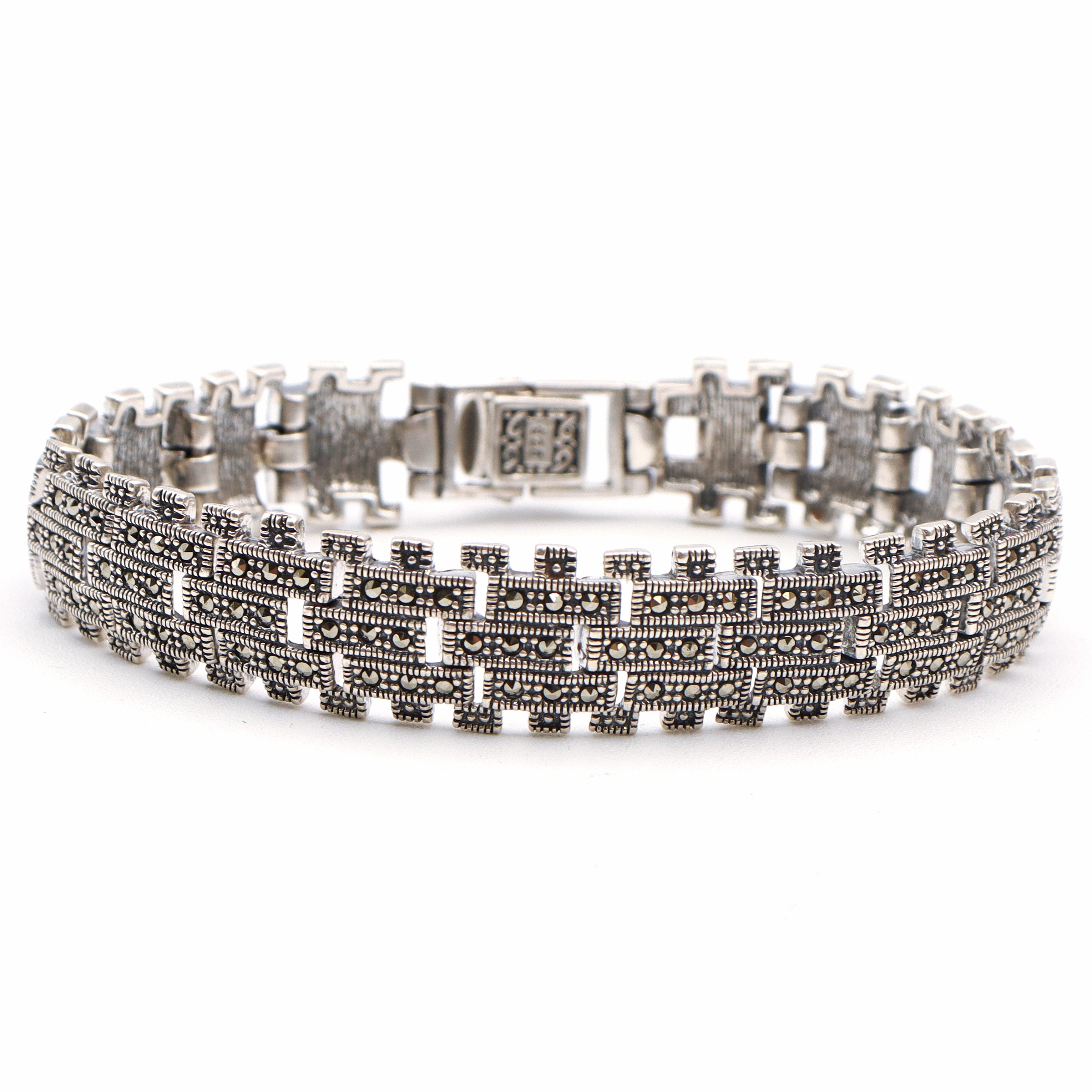 Estate Sterling Silver Marcasite Tennis Link Bracelet, 6.75 Inches