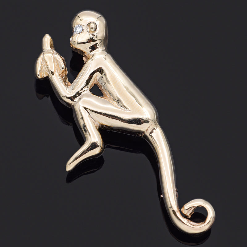 Vintage 14K Yellow Gold Diamond Monkey Holding Banana Brooch Pin