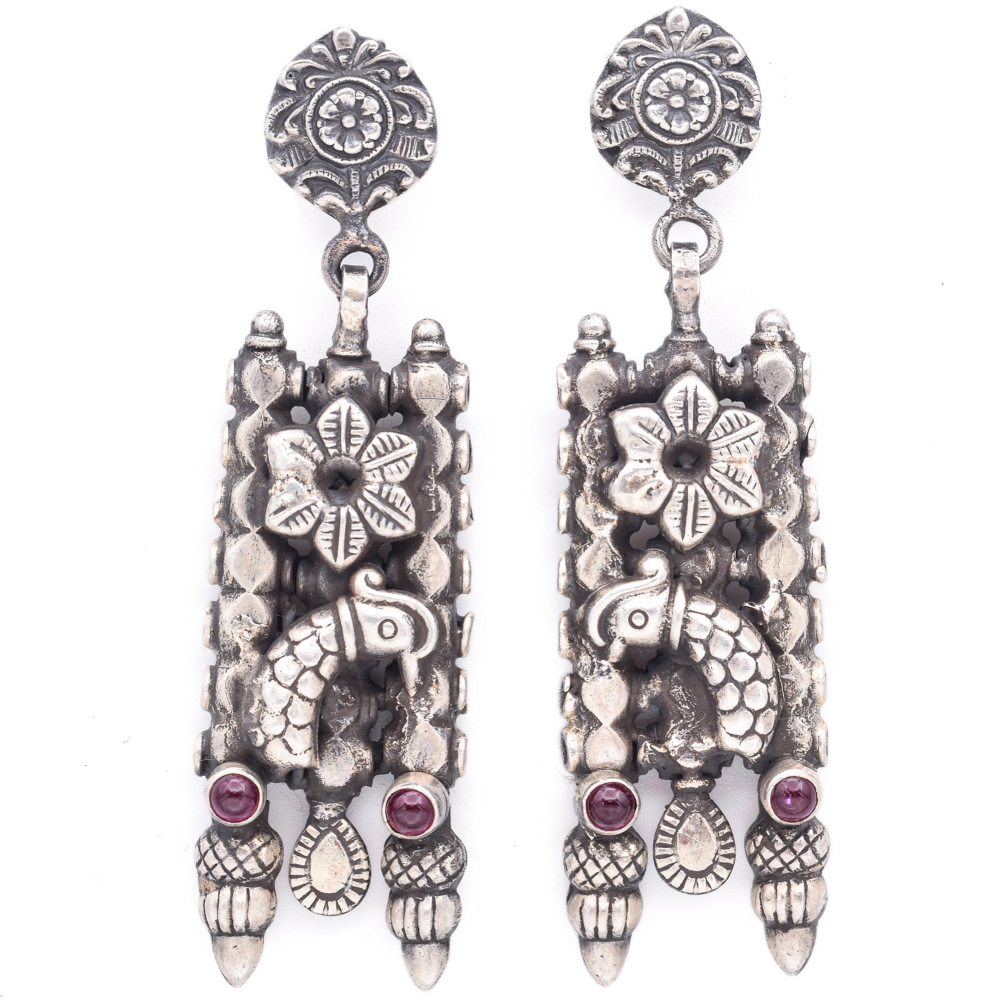 Sterling Silver Flower & Bird Motif Dangle Earrings with Accent Cabochon Rubies