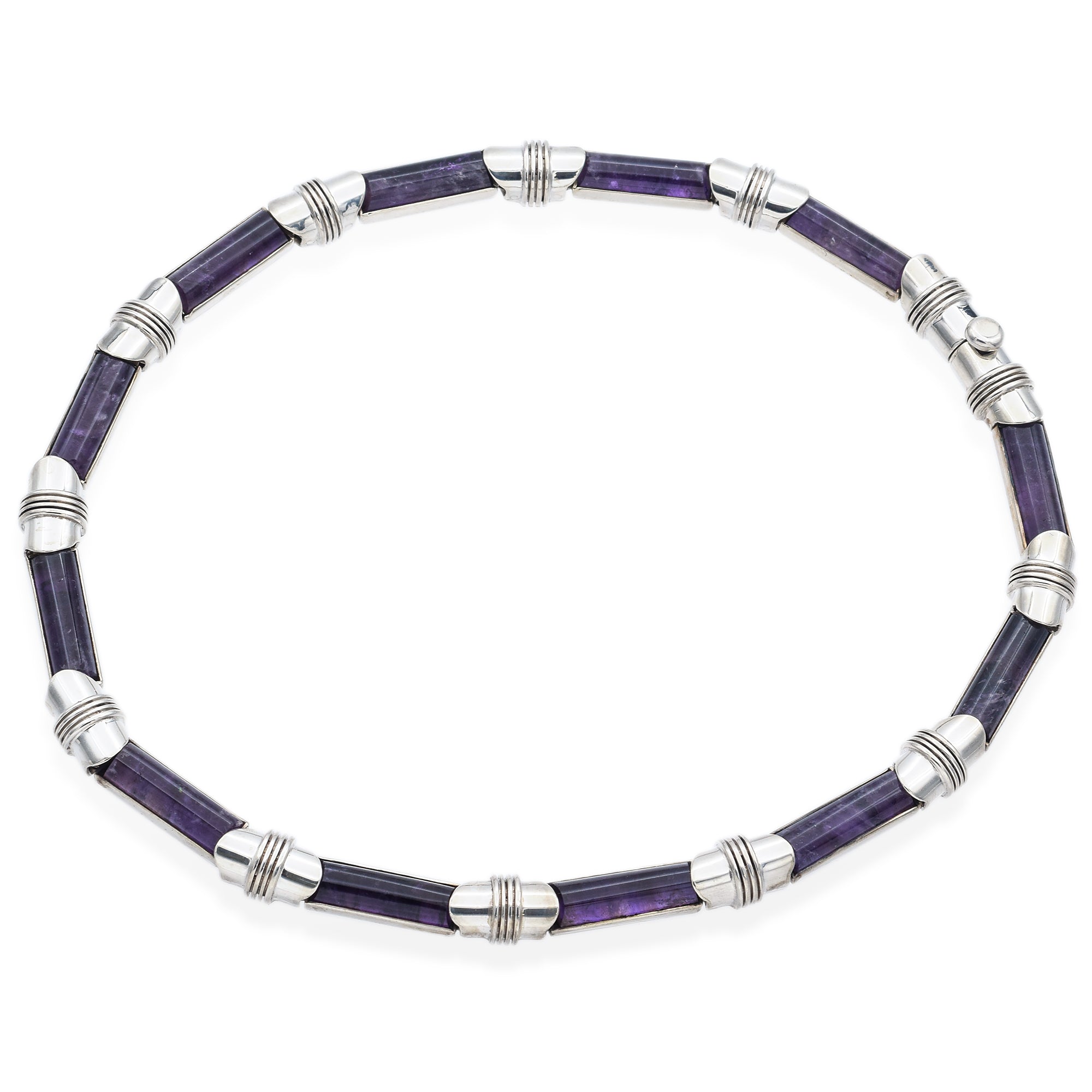 Antonio Pineda Mexico 970 Sterling Silver Amethyst Bar Link Collar Necklace