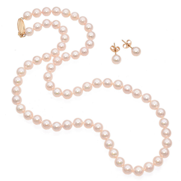 14K Yellow Gold Pearl Beaded Strand Necklace & Stud Earrings Set