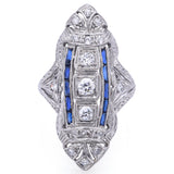 Antique Art Deco Platinum 0.33TCW Diamond & Sapphire Shield Cocktail Ring Sz5.75