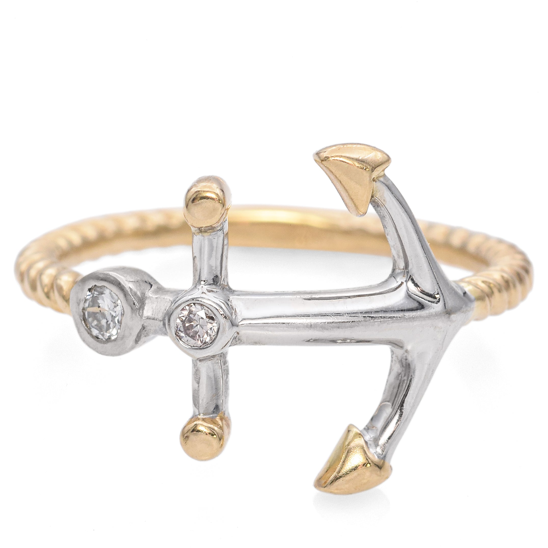 14K Yellow and White Gold Bezel Set Diamond Anchor Ring with Twisted Rope Shank