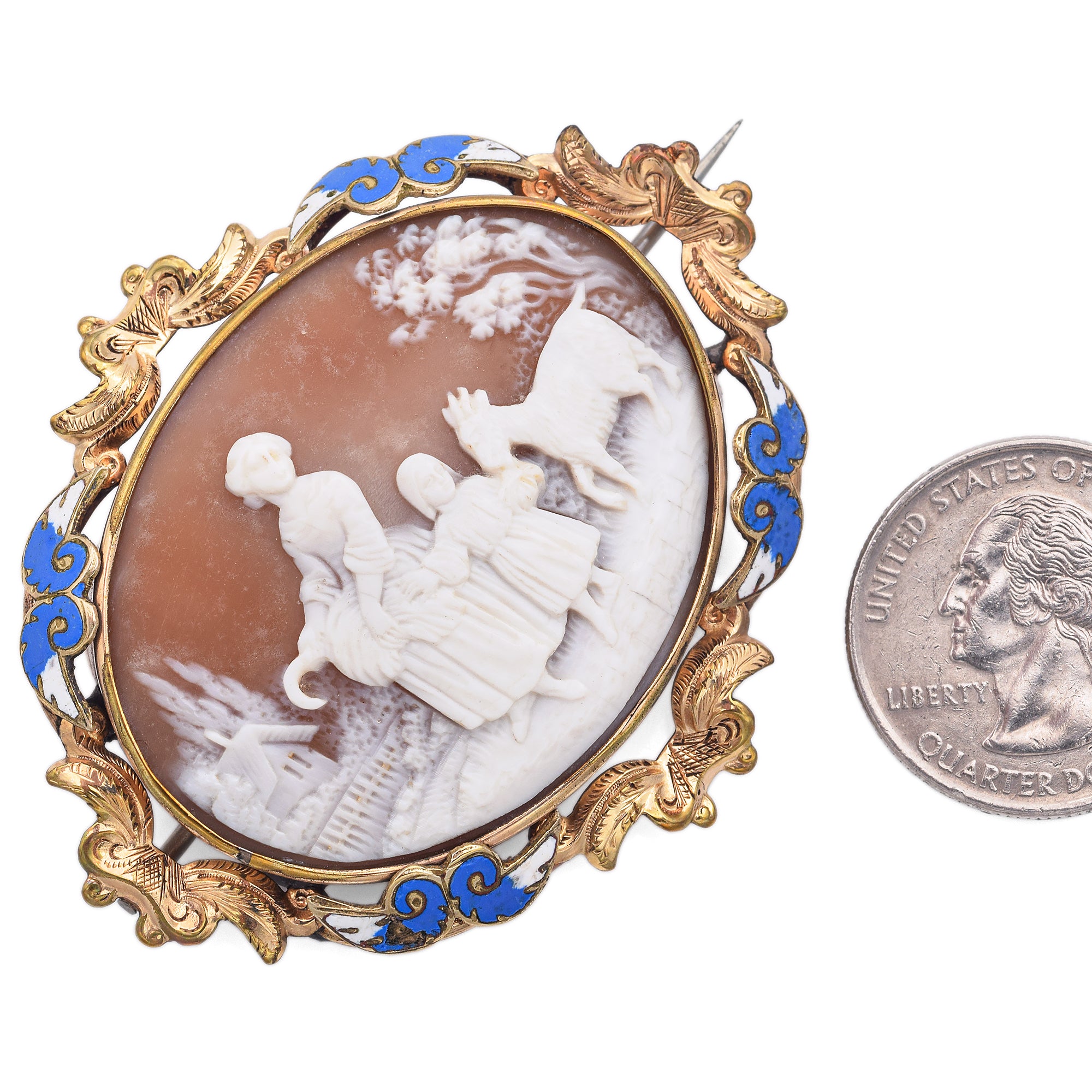 Antique Cameo Shell & Enamel Mother Child and Goat Brooch Pin