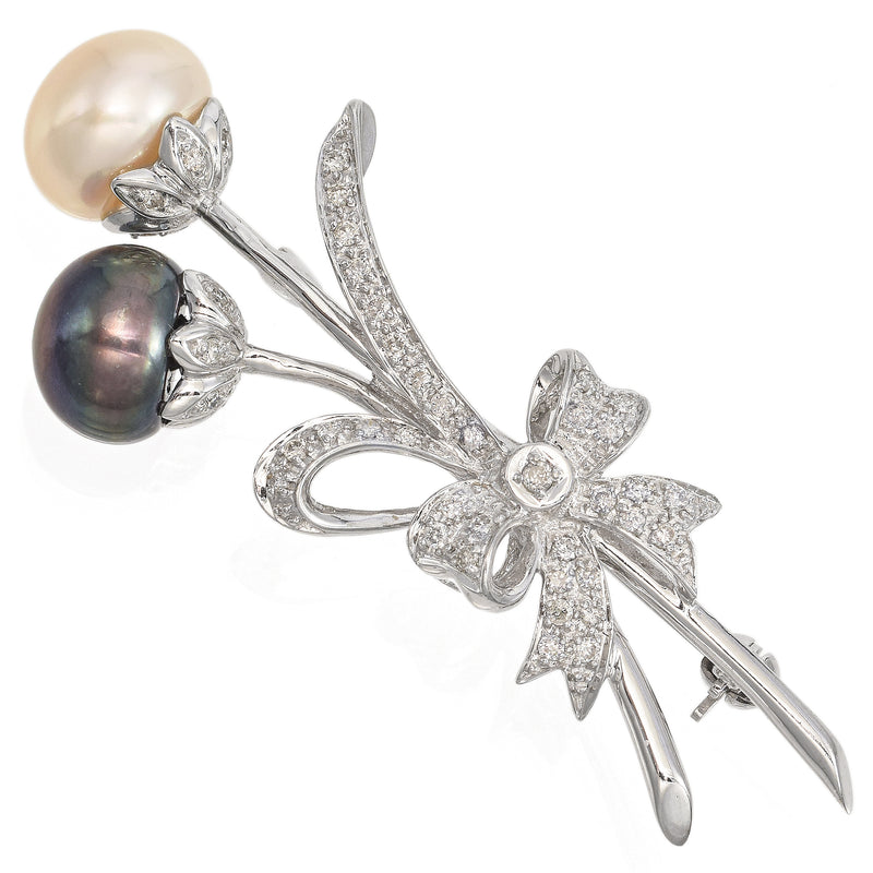 Vintage 14K White Gold Black White Pearl, 0.15 TCW Diamond Floral Bow Brooch Pin