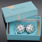 Tiffany & Co. Sterling Silver Round Basketweave Clip-On Earrings +Pouch Box