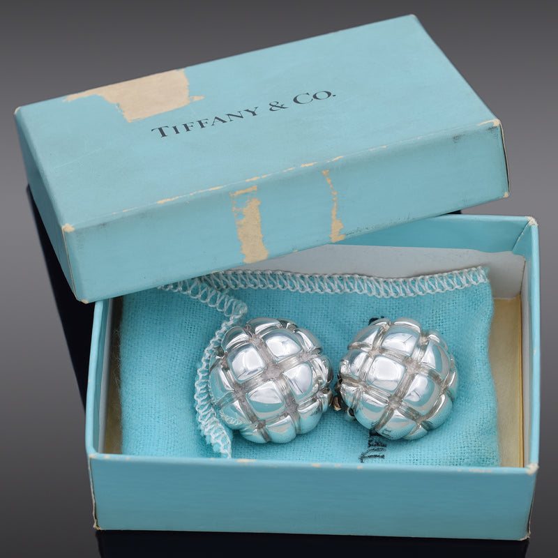 Tiffany & Co. Sterling Silver Round Basketweave Clip-On Earrings +Pouch Box