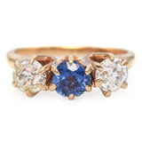 Antique 14K Yellow Gold Three Stone .72 TCW Old Euro Cut Diamond, Sapphire Ring