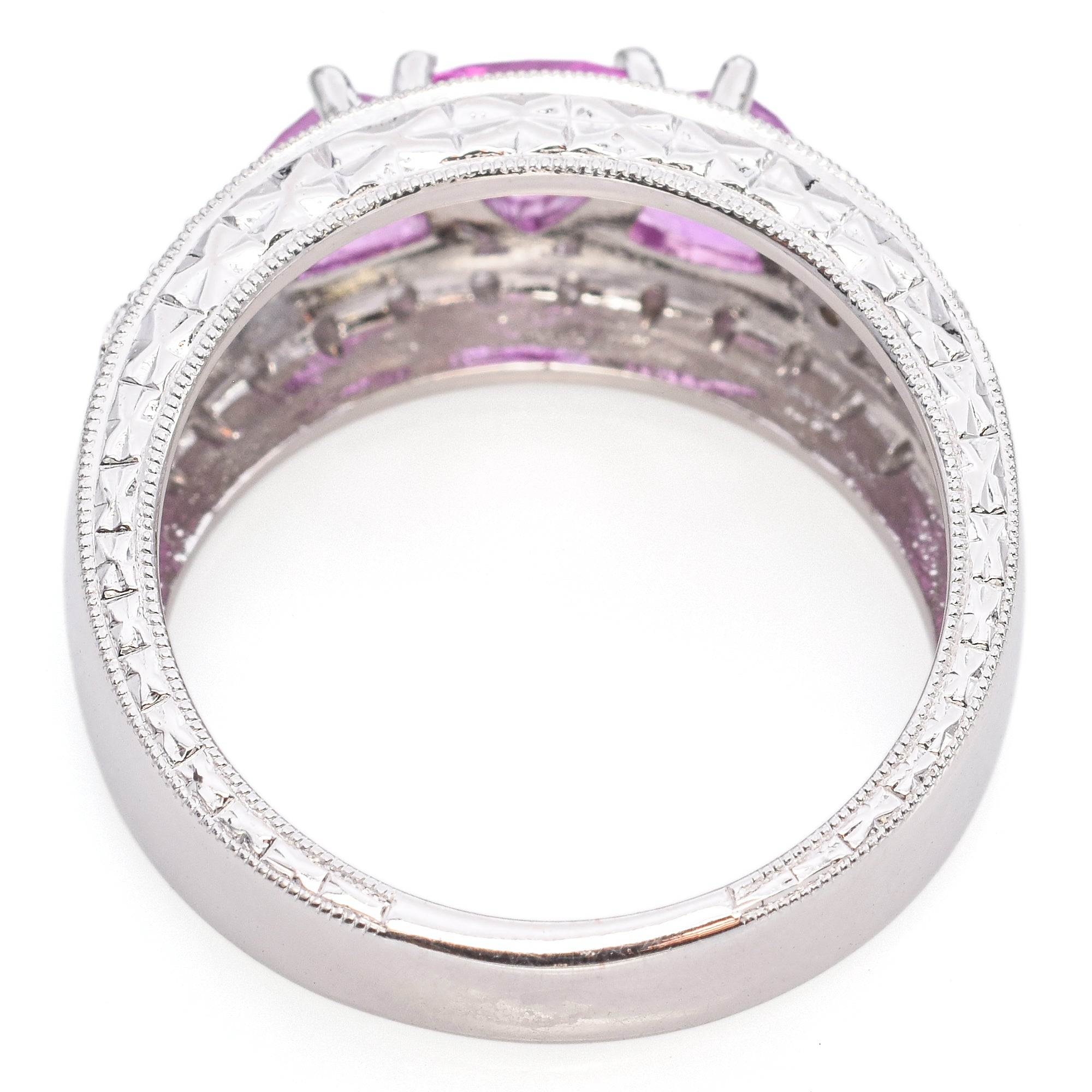 14K White Gold Trillion Cut Pink Sapphire and Diamond Ring