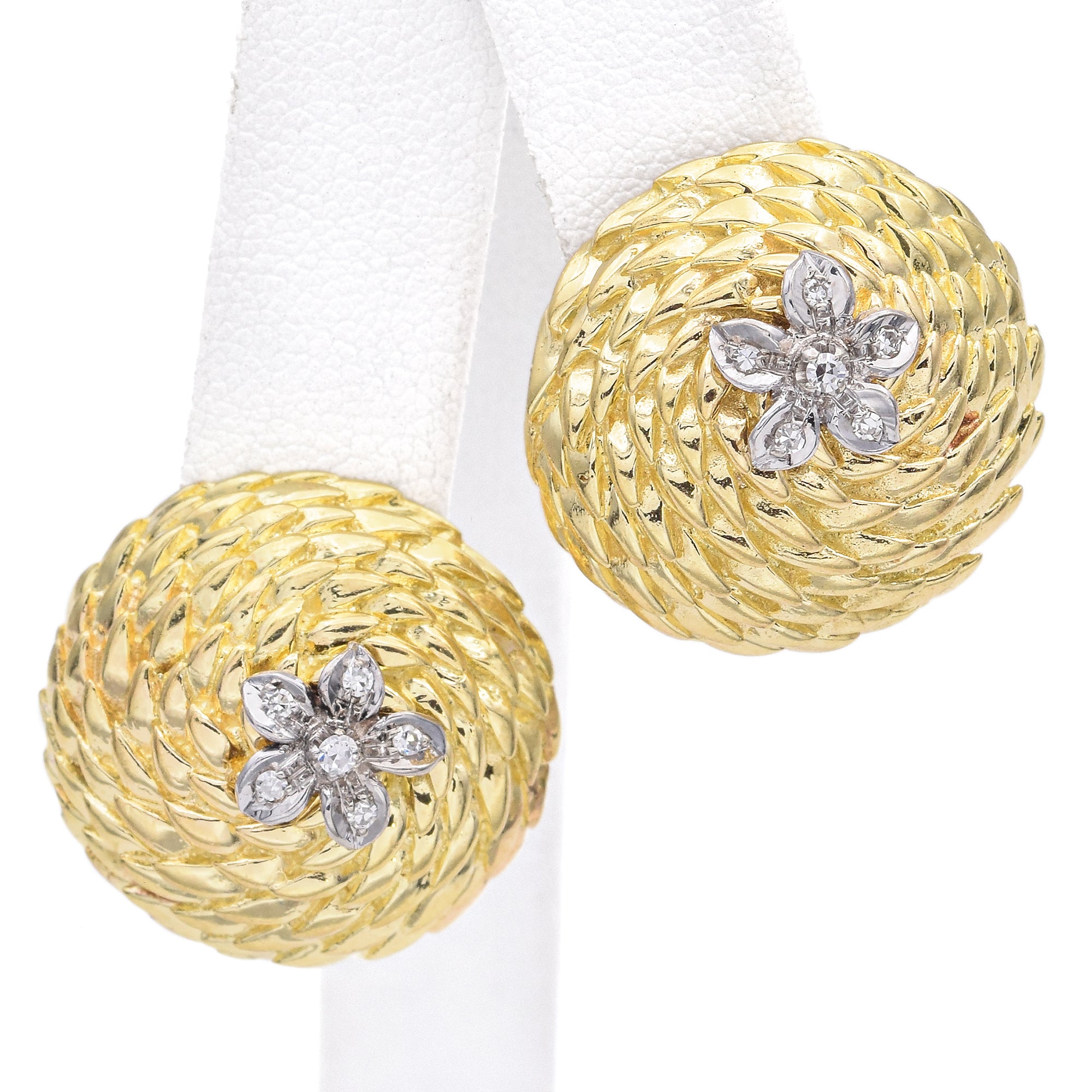 Vintage Tiffany & Co. Italy 18K Yellow Gold Diamond Floral Woven Dome Earrings