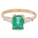 Vintage 14K Yellow Gold Emerald and Diamond Three-Stone Band Ring