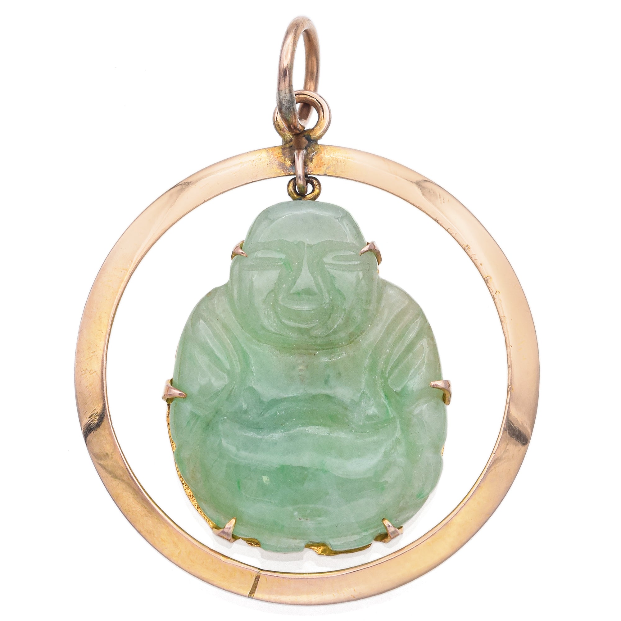 Vintage 10K Yellow Gold Green Jade Carved Buddha Round Pendant