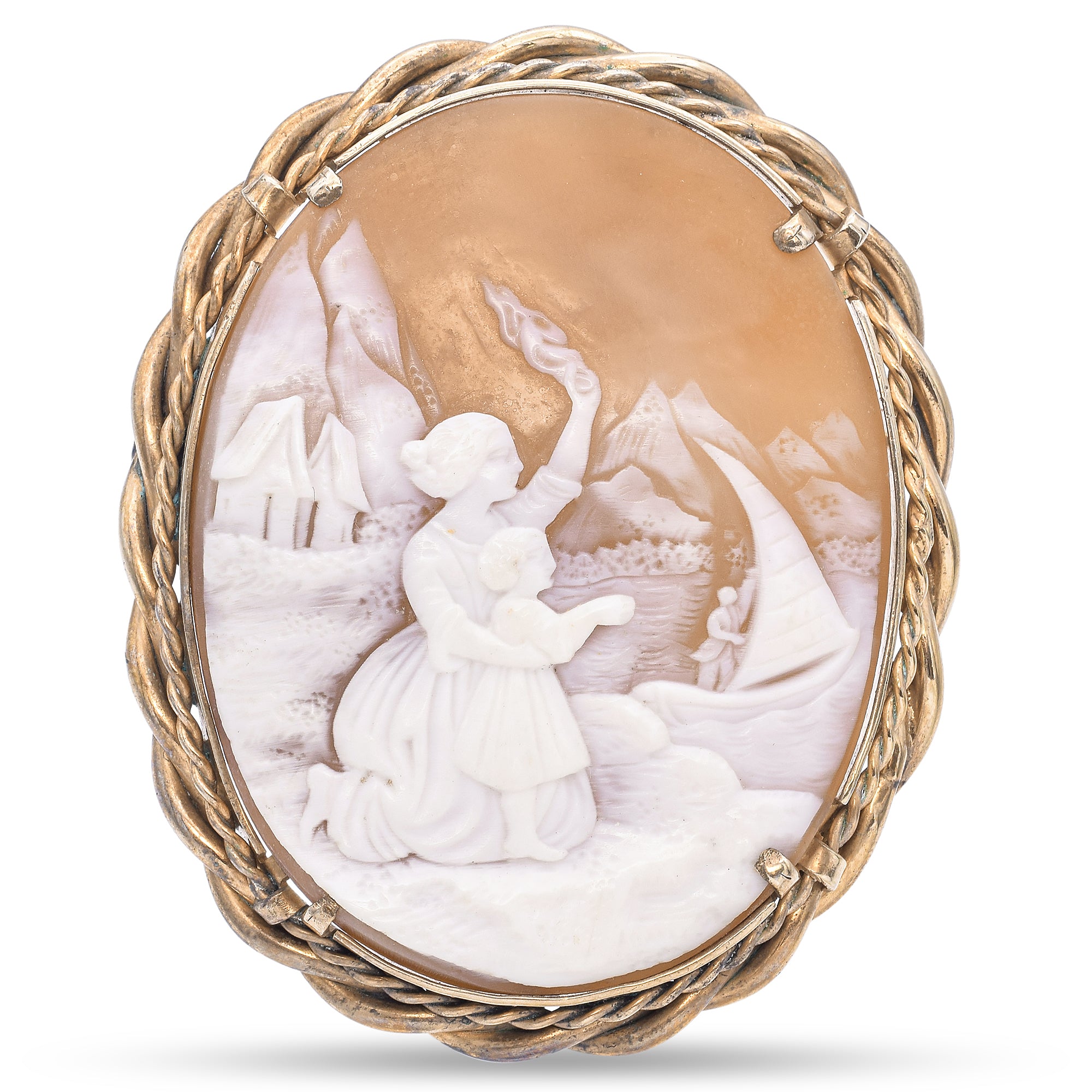 Antique Silver Vermeil Cameo Mom & Daughter Waving Bye to Sailor Husband Brooch