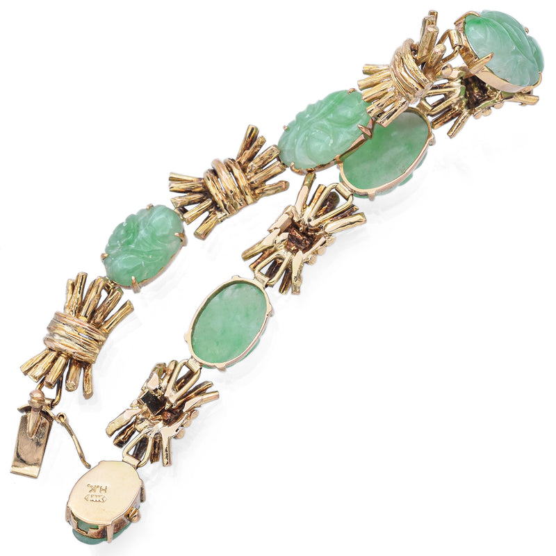 Vintage 14K Yellow Gold Green Jade Carved Oval Cabochon Link Bracelet