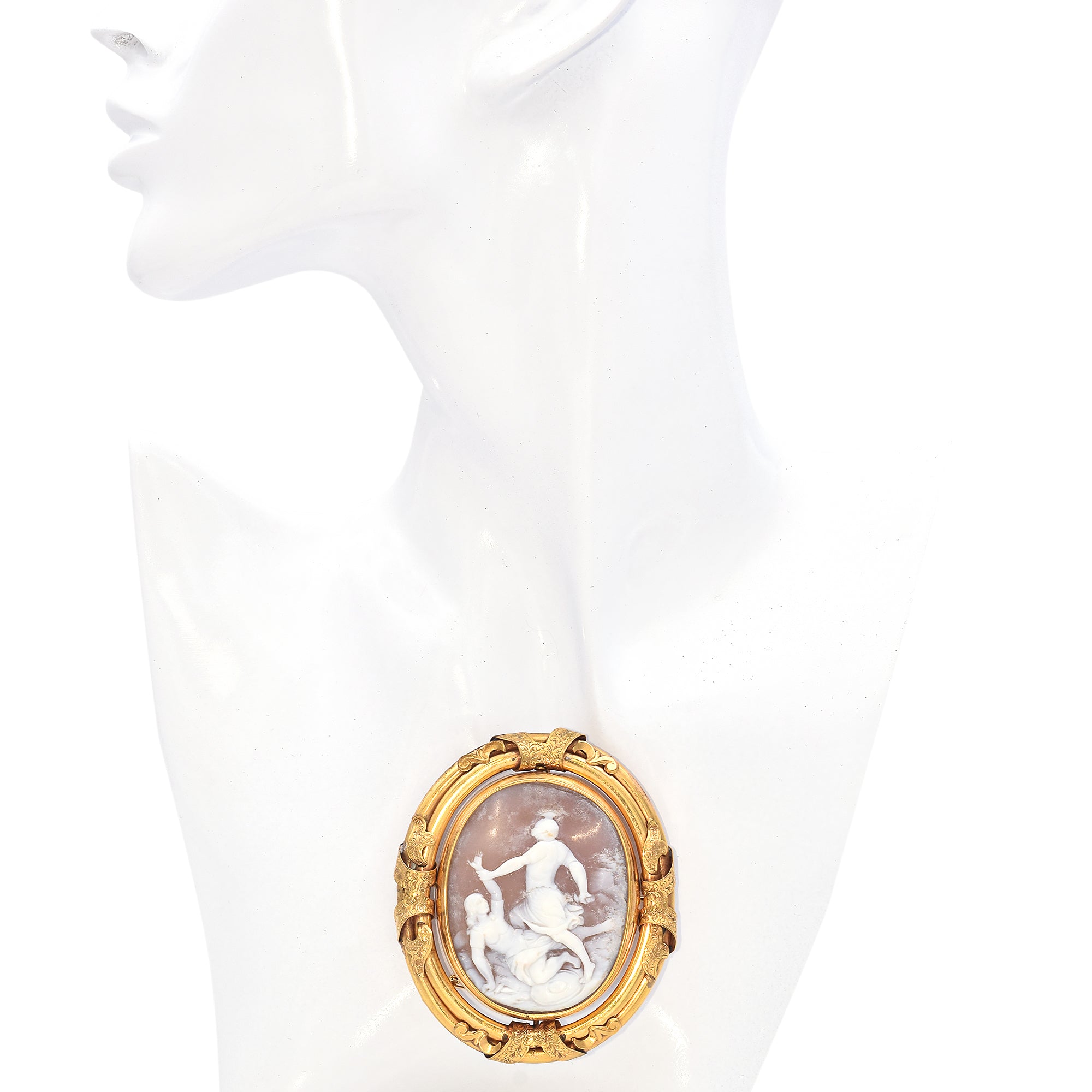 Antique 6K Yellow Gold Cameo Woman Being Abducted Brooch