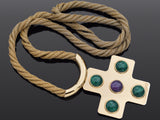 Vintage Lanvin Paris Gold Plated Green Purple and Lucite Cross Pendant Necklace