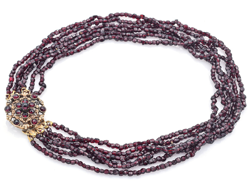 Antique 14K Yellow Gold Garnet Beaded Multi-Strand Necklace