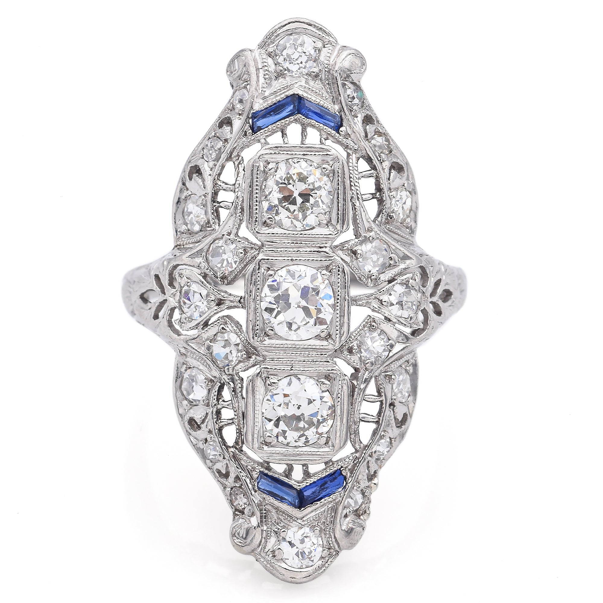 Antique Art Deco Platinum 1.07 TCW Diamond & Sapphire Ring Size 5.5