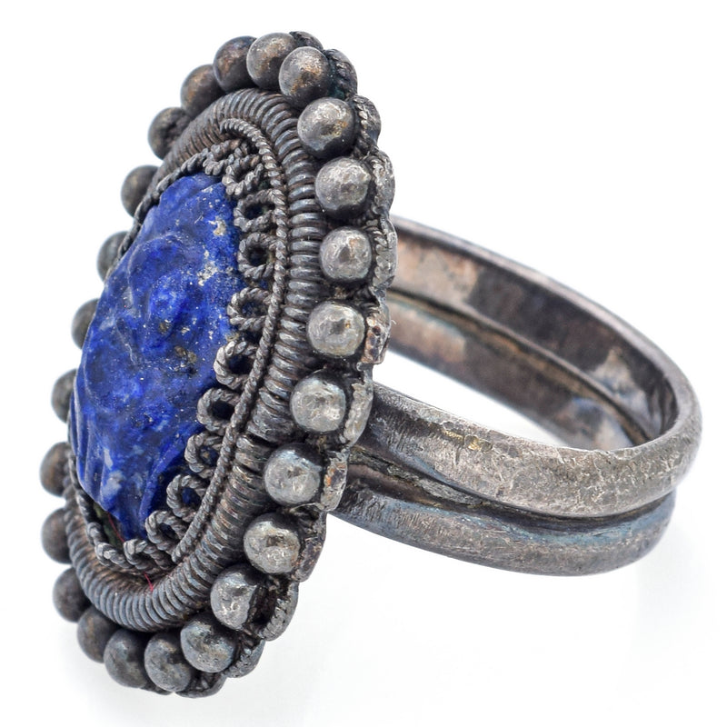 Vintage Chinese Silver Carved Lapis Cocktail Ring Size 6.25