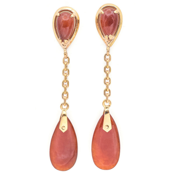 Vintage 14K Yellow Gold Red Jade Dangle Earrings