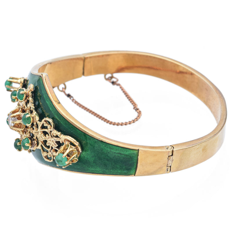 Vintage Yellow Gold Emerald & Diamond Green Enamel Hinged Bangle Bracelet