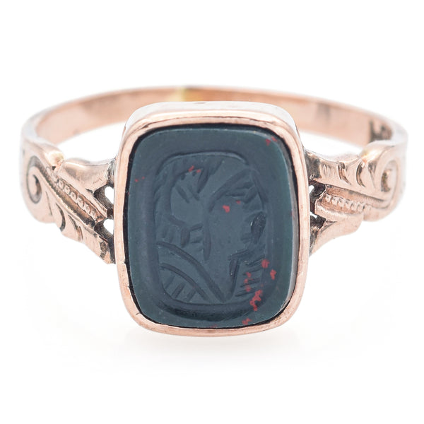 Vintage 10K Yellow Gold Bloodstone Carved Intaglio Ring Size 6