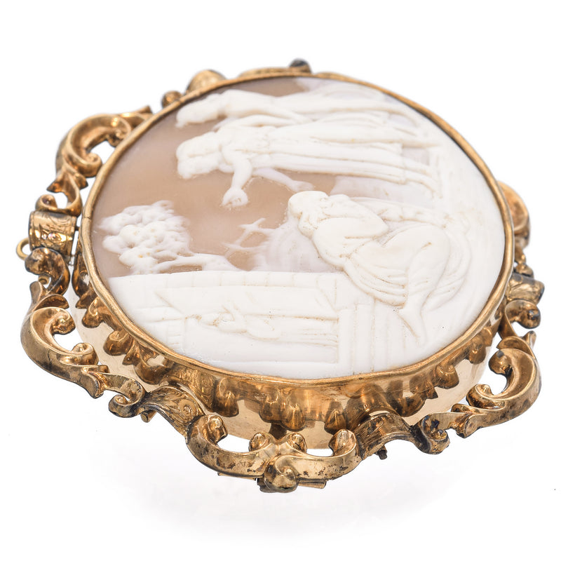 Antique Yellow Gold Cameo 3 Graces Admonishment Wife Watching Husband Brooch