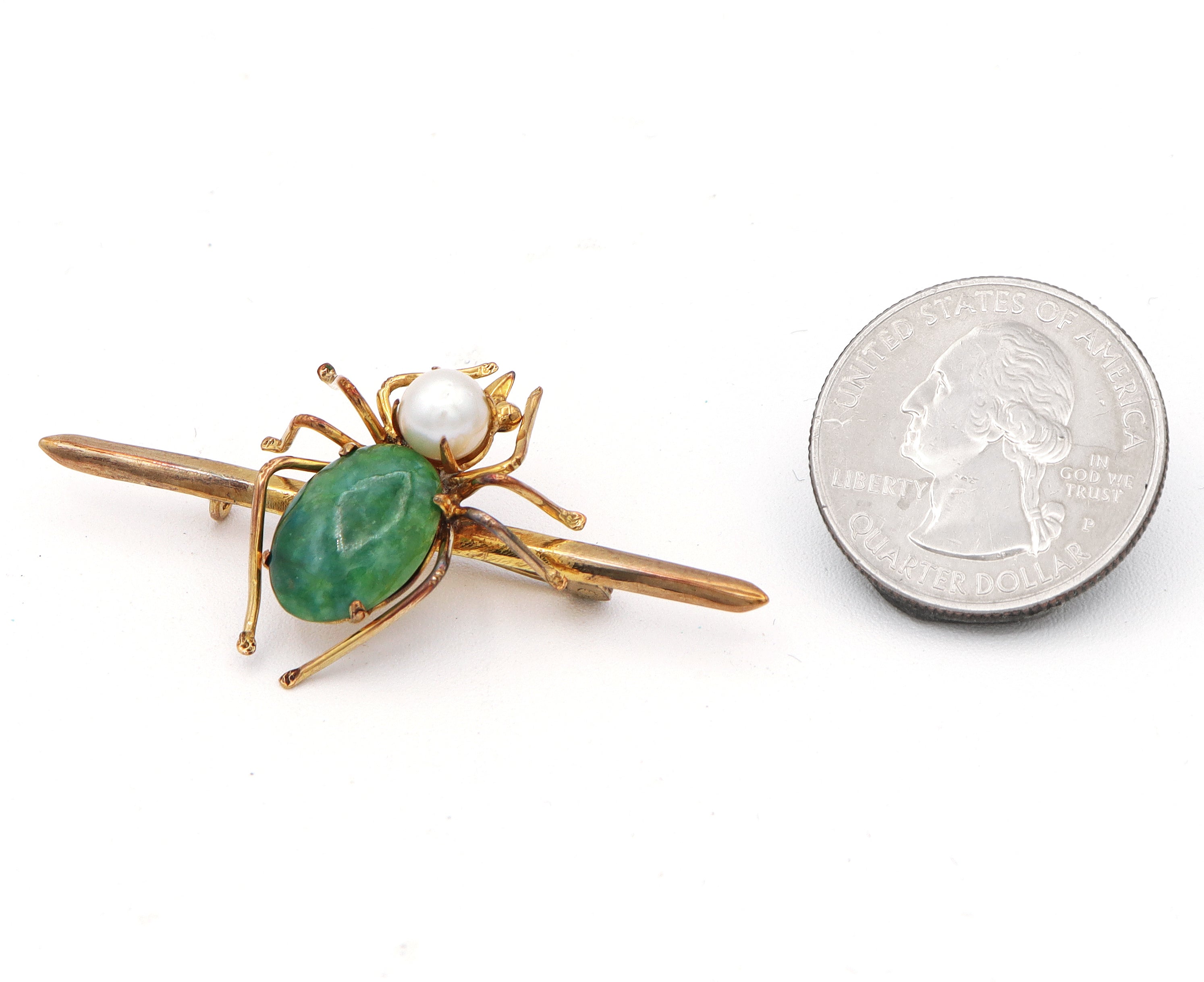 Vintage 8K Yellow Gold Jade Pearl Spider Bug Brooch Pin 5 Grams