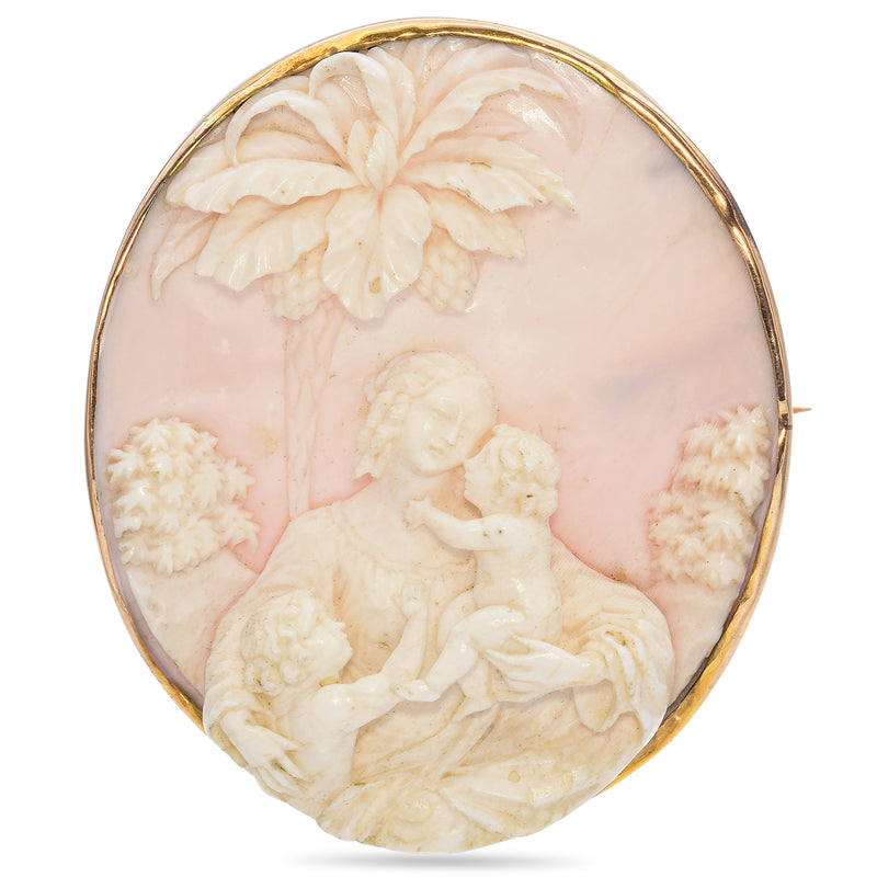 Antique 9K Yellow Gold Cameo Mother and Kids Conch Shell Brooch