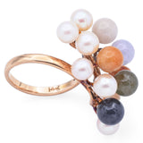 Ming's 14K Yellow Gold Multi-Color Jade & Pearl Cluster Cocktail Ring Size 6