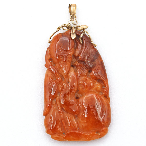 Vintage 14K Yellow Gold Red Jade Carved Deity Pendant, 33 Grams, 33x67mm
