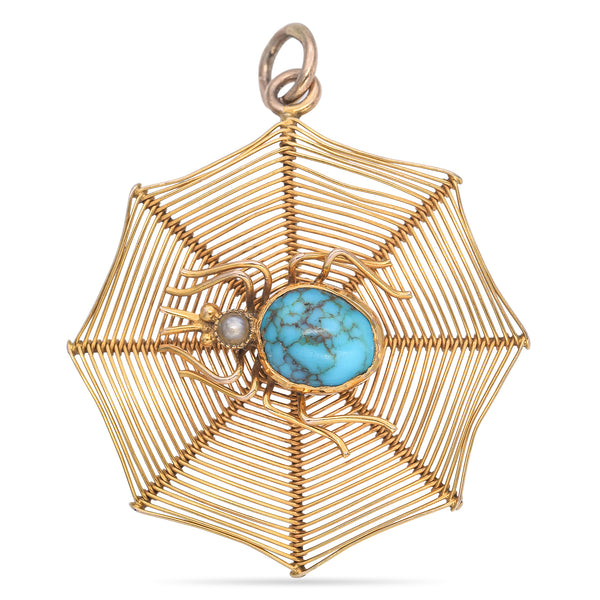 Antique 12K Yellow Gold Turquoise and Pearl Spider in Web Pendant