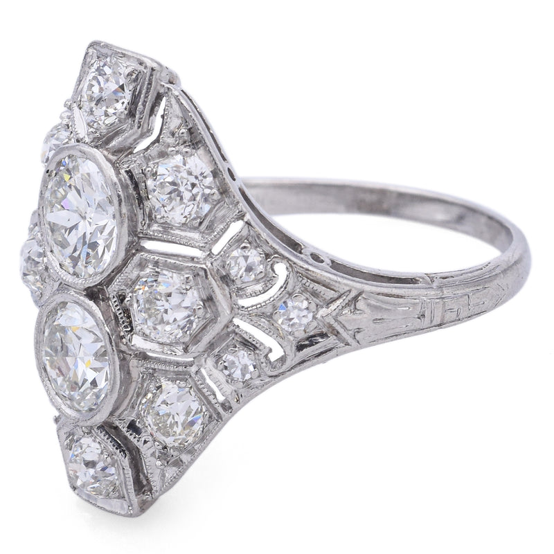 Antique Art Deco Platinum 1.89 TCW Diamond Shield Cocktail Ring Size 7