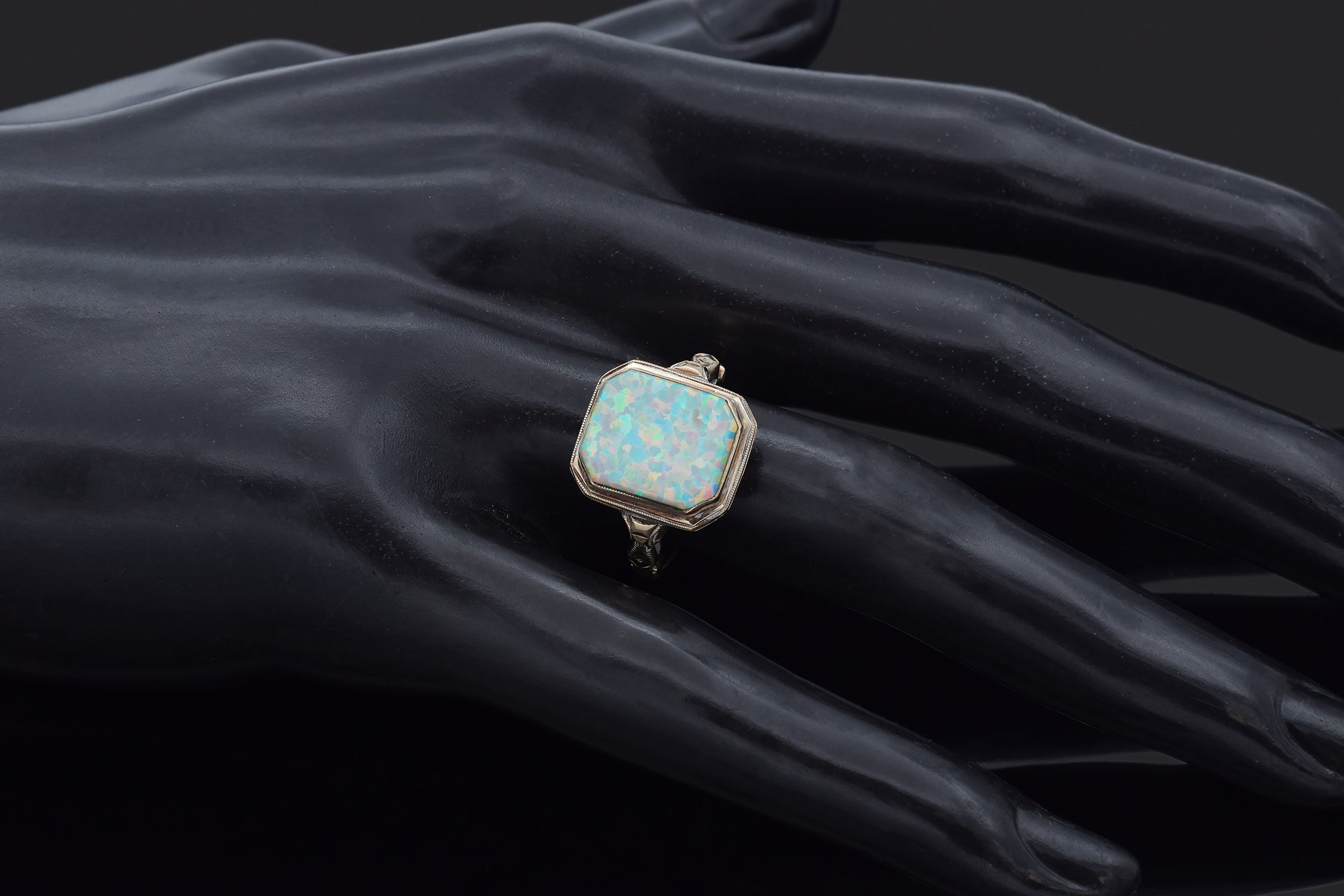 Antique Mounting with New Lab Opal 10K Yellow Gold Cocktail Ring Size 6.25