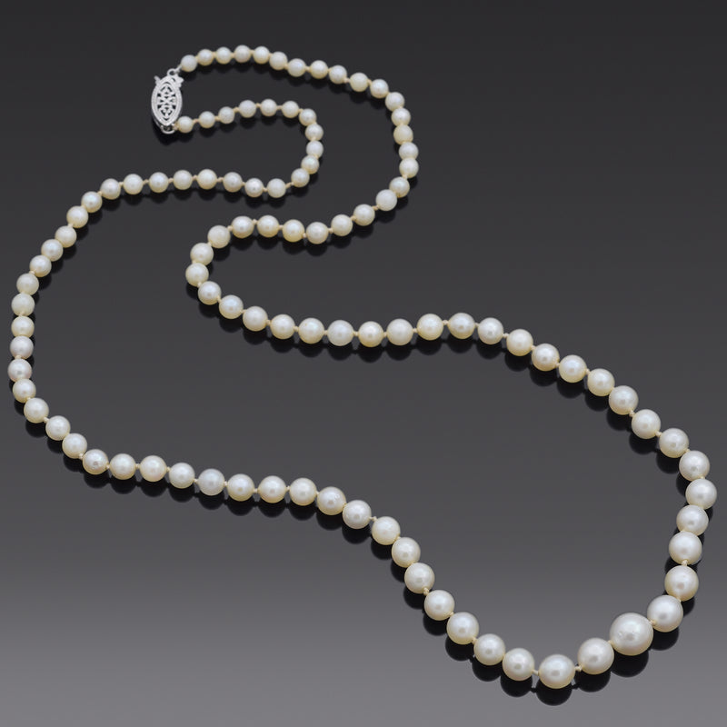 Vintage 10K White Gold Sea Pearl & Diamond Clasp Beaded Strand Necklace 21.25"