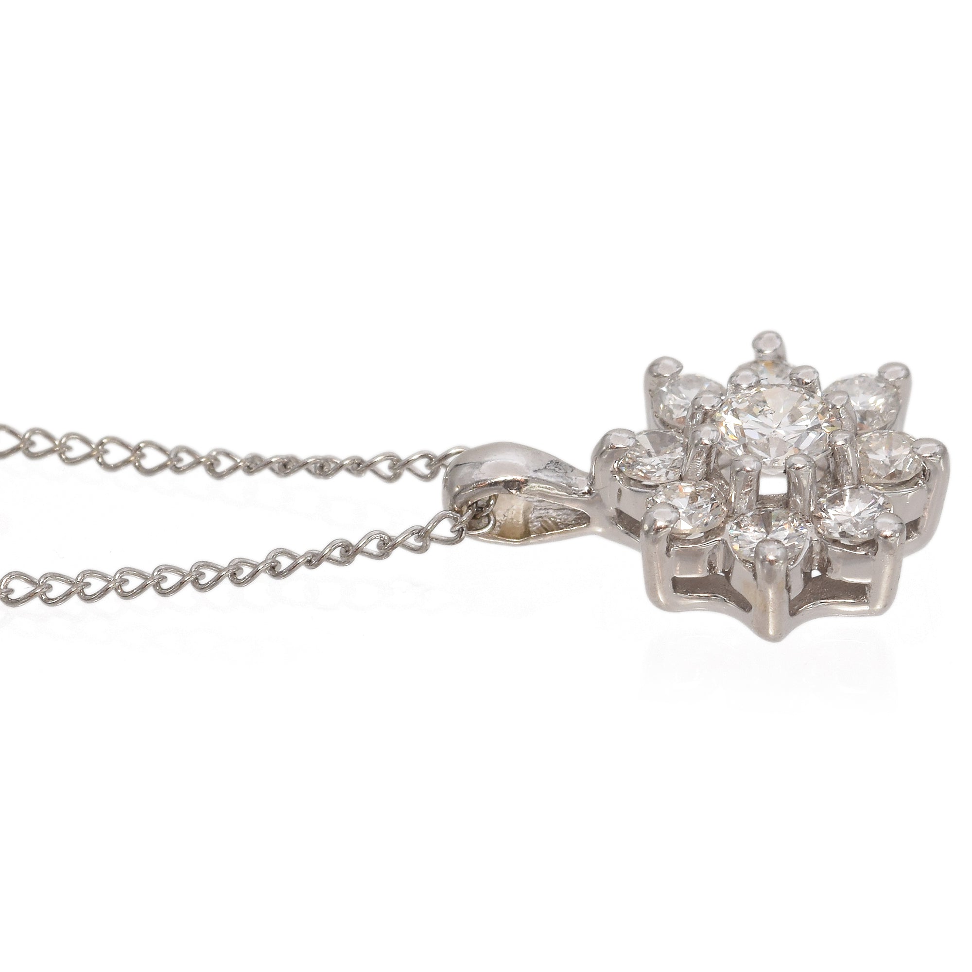 14K White Gold Floral Halo Diamond Pendant Necklace