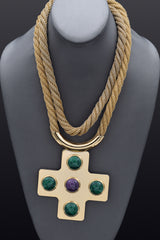 Vintage Lanvin Paris Gold Plated Green Purple and Lucite Cross Pendant Necklace