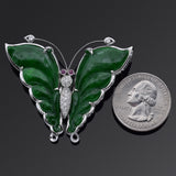 Estate 18K White Gold Green Jade & Diamond & Ruby Butterfly Brooch Pin Pendant